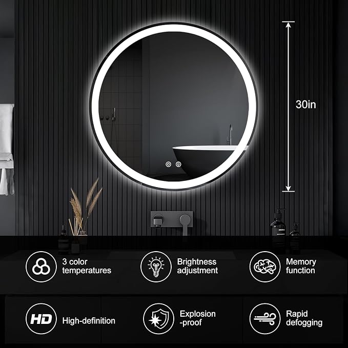 NEWBULIG 30 Inch Round LED Bathroom Wall Mirror - Image 2