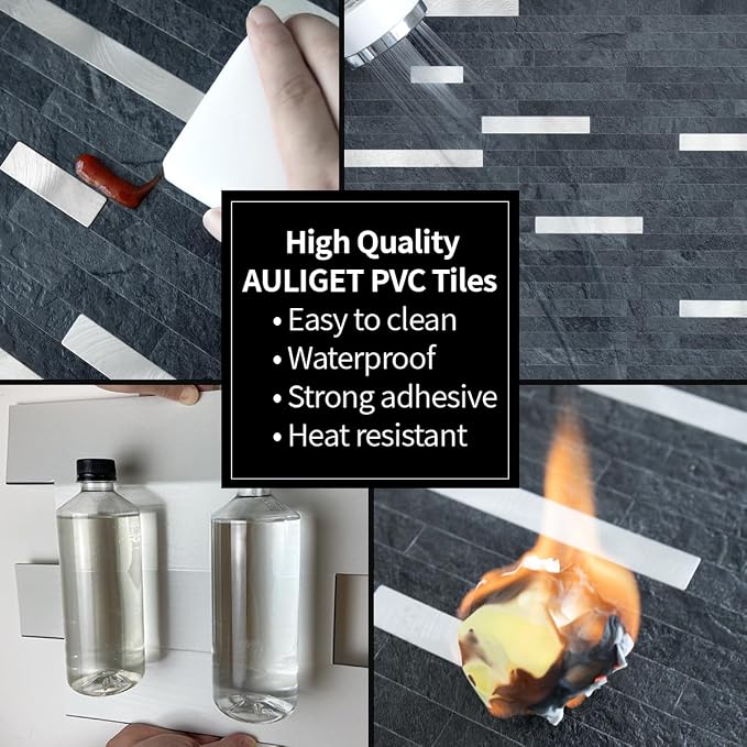 AULIGET 2 Sheets Black Slate Peel and Stick Backsplash, PVC Mixed Metal Silver - Image 5