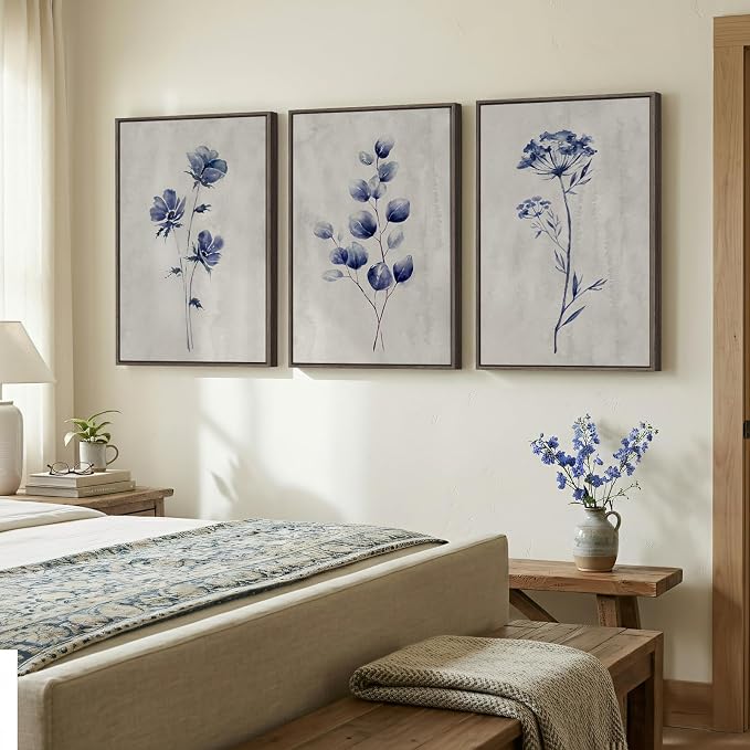Framed Boho Floral Wall Art for Living Room, 3 Piece Blue Minimalist Botanical - Image 2