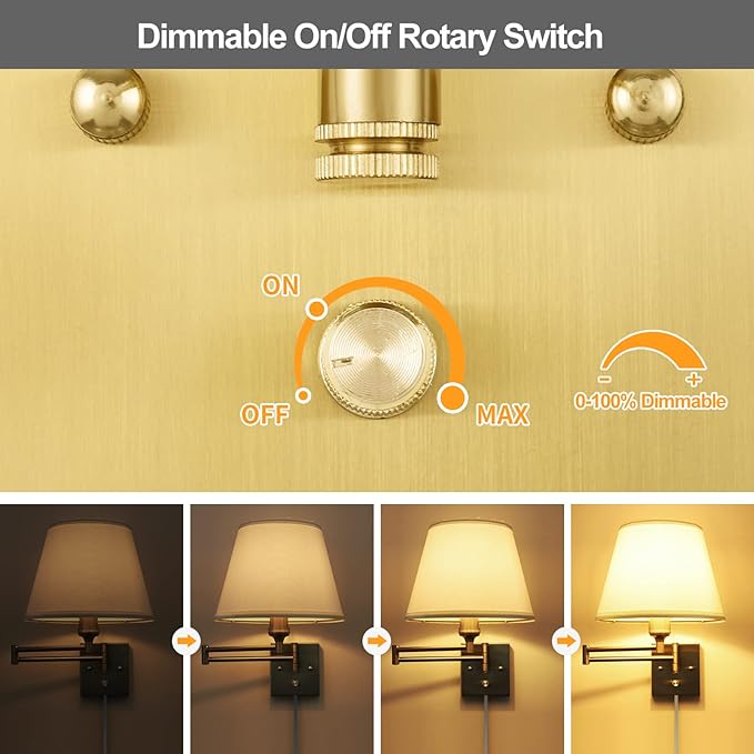 TRLIFE Wall Sconce Plug in, Brushed Brass Dimmable Wall Sconces Set of 2 Swing - Image 2