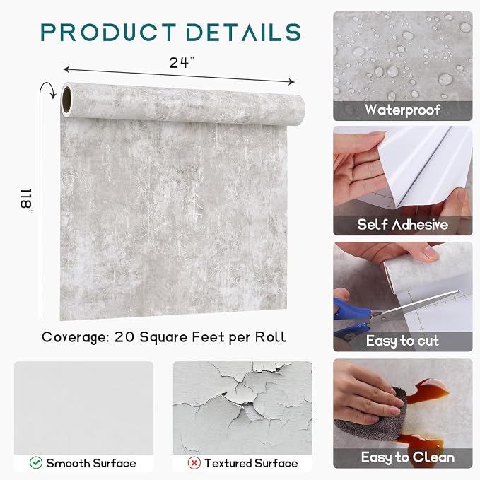 VEELIKE Distressed Concrete Wallpaper Peel and Stick Light Grey Limewash - Image 9