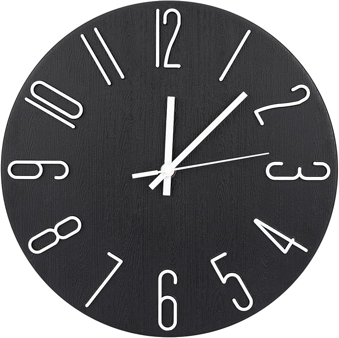 Wall Clock 12 Inch Silent Non-Ticking Imitation Wood Indoor Clock Round Black by BAKBRAND