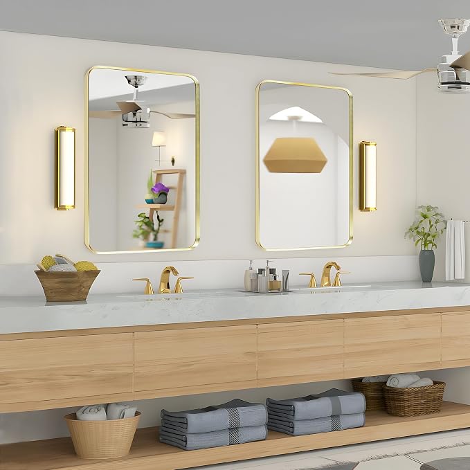 Wall Mount Mirror for Bathroom, Brushed Gold Metal Framed Rounded Corner - Image 3