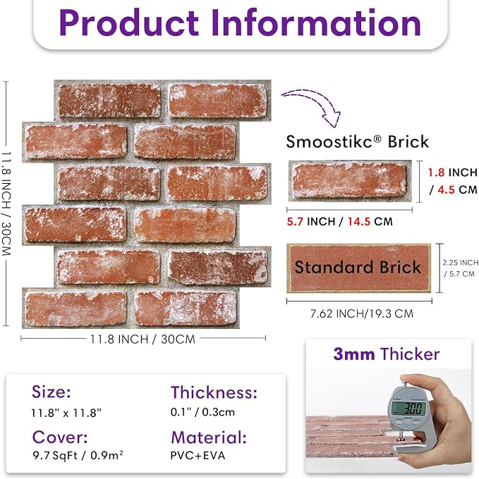 3D Peel and Stick Faux Brick Wall Panels 11.8" x 11.8" 10-Pack, Small - Image 5