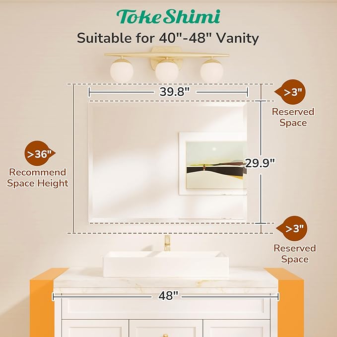 TokeShimi 40x30 Frameless Mirror Bathroom Rectangle, Bathroom Vanity Mirror - Image 2