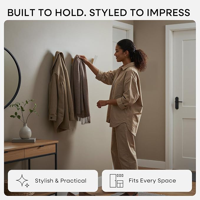 Homeforia Beech Wood Coat Hooks, High End Beech Wood & White Metal Wall Mounted - Image 2
