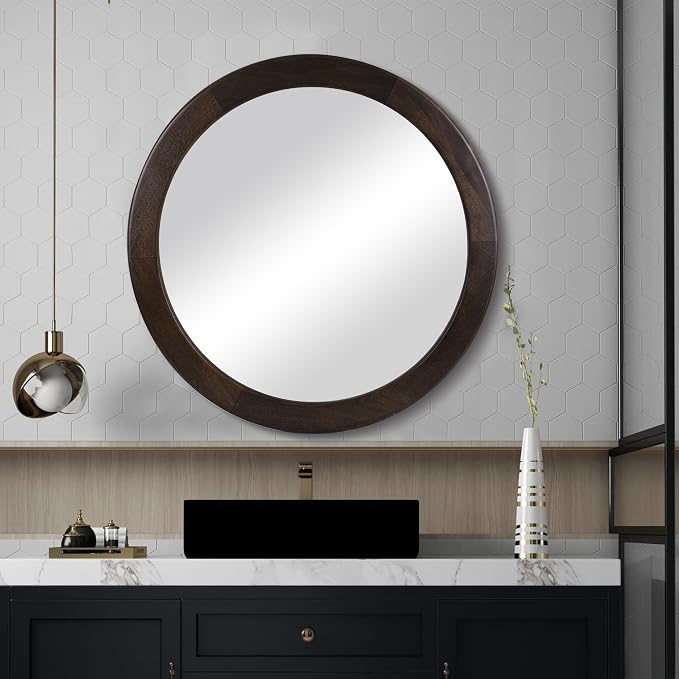 Round Mirrors 24 Inch, Wood Vanity Wall Rustic Mirror - Image 3