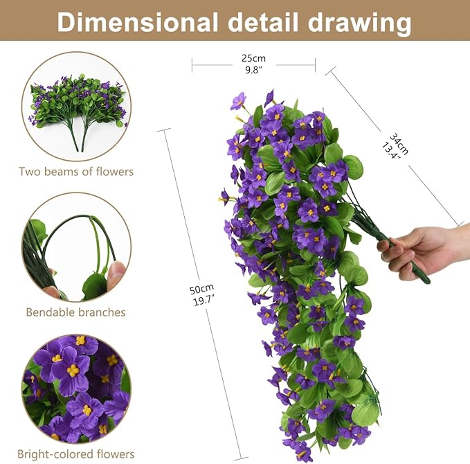 ZFProcess 2PCS Artificial Hanging Flowers, Fake Hanging Plants Violet Vines UV - Image 6