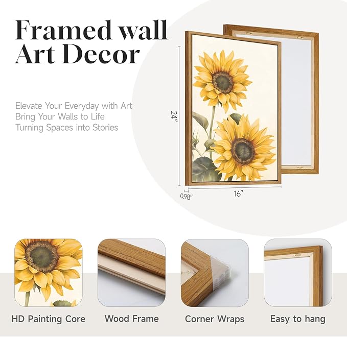 3 Piece Large Framed Floral Sunflower Wall Art - Image 4