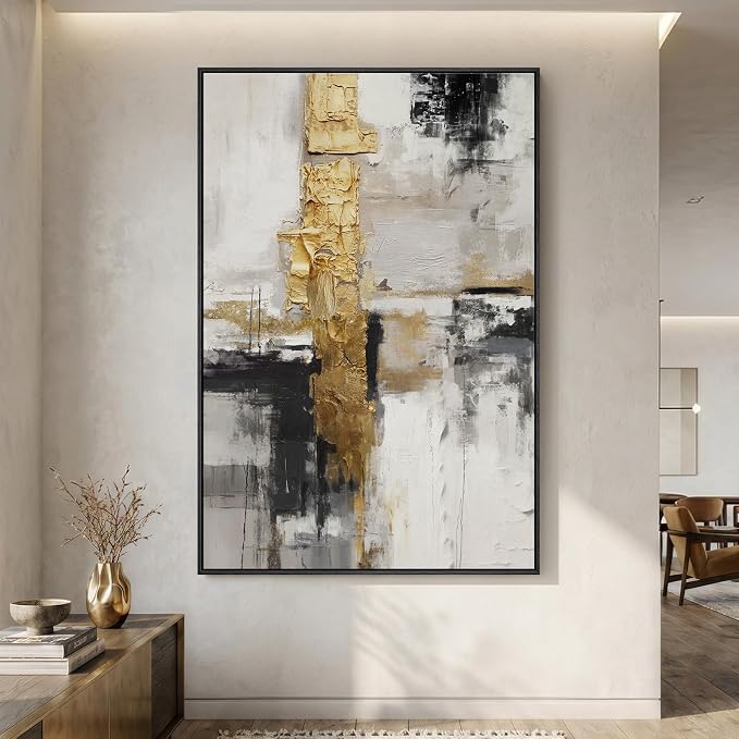 Extra Large Framed Black and White Gold Abstract Wall Art by Cuspin