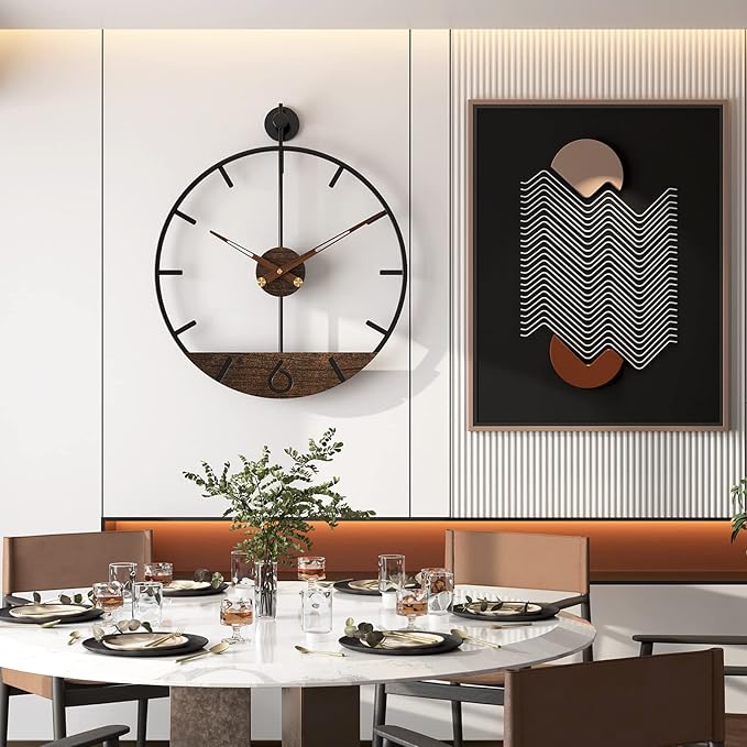 Modern Wood Walnut Dial Wall Clock, Large Simple Wall Decor Metal Frame Silent - Image 5