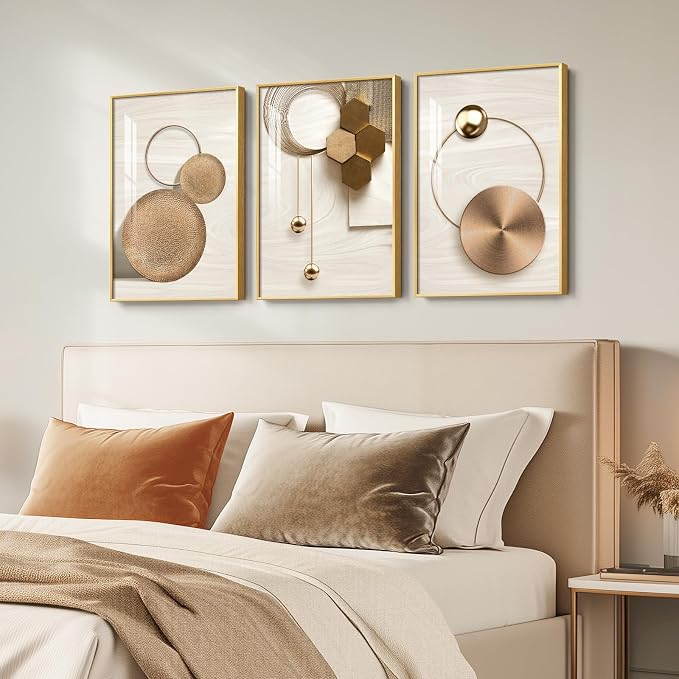 Framed Modern Luxury Gold Wall Art, 3 Piece Bright Style Art Prints Paintings - Image 2