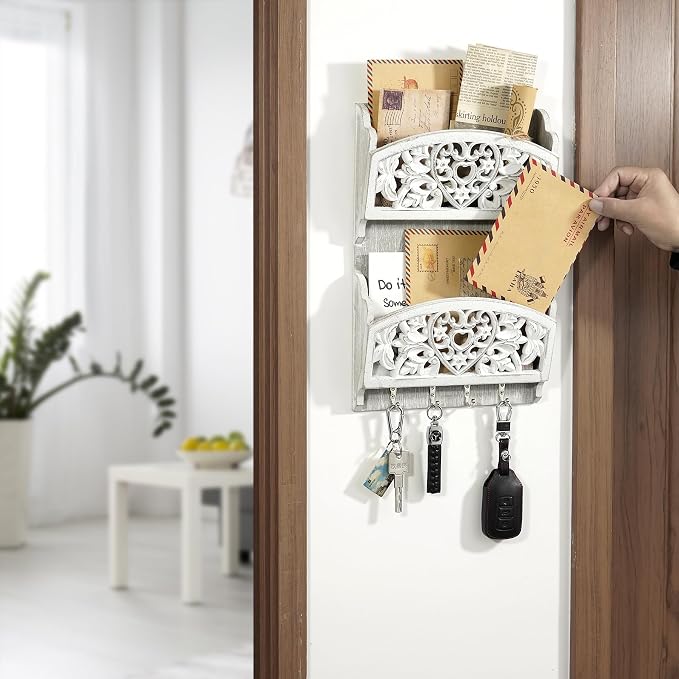 Mail Organizer with Key Holder, 2-Slot Mail Holder with 4 Key Hooks - Image 6