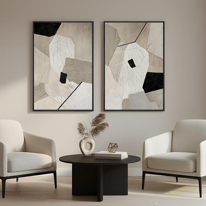 Framed Neutral Beige and Black Abstract Wall Art - Image 8