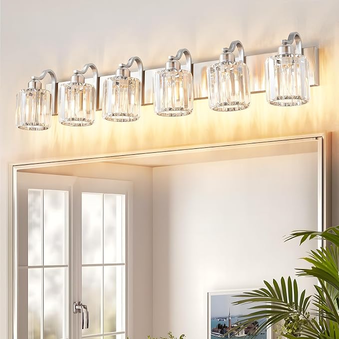 Crystal Bathroom Lighting Fixtures Over Mirror, 6 Light Brushed Nickel Vanity by AIXIALIN
