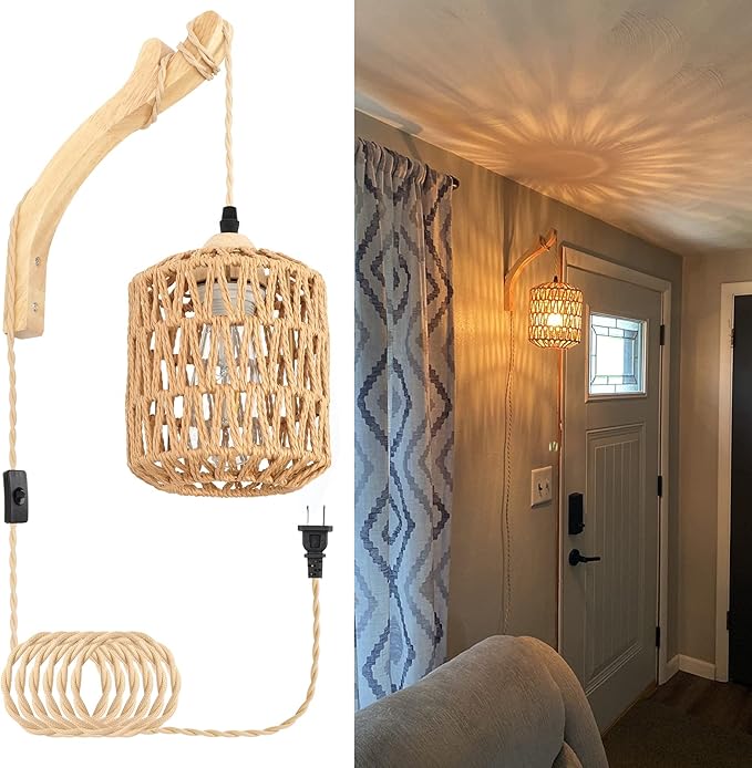 Frideko Rattan Wall Lamp with Plug in Cord Hand Woven Plug in Wall Sconces by FRIDEKOHOME