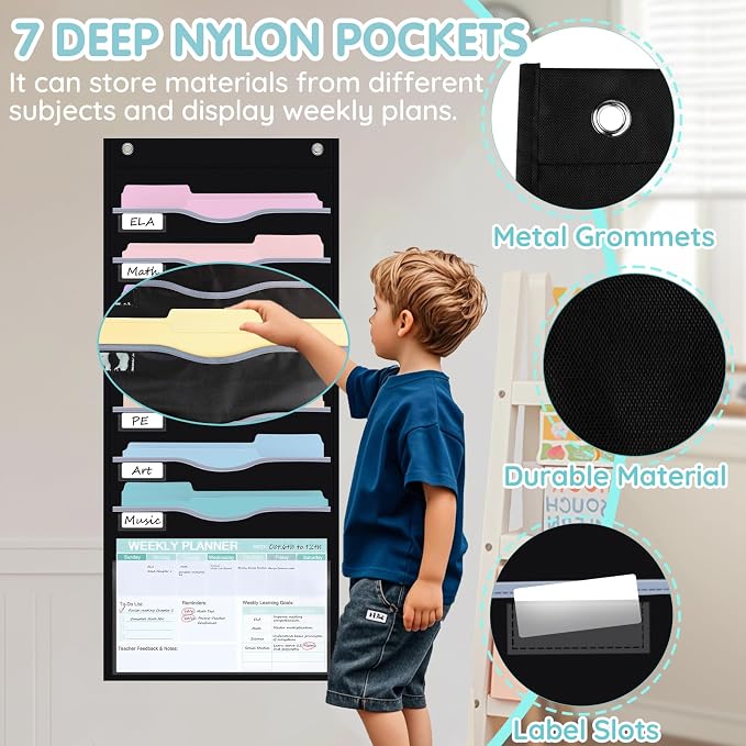 ALSLEA 8 Pockets Hanging Wall File Organizer 15" Extra Wide Pocket Chart - Image 3