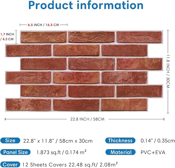 COMSTICKC 3D Red Faux Brick Wall Panel Peel and Stick Wall Stickers, DIY - Image 5