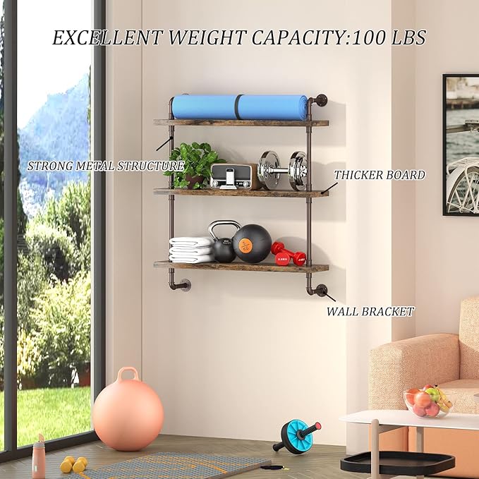 Helsin 3 Tier Industrial Pipe Shelf Rustic Wood Floating Shelves, Wall Display - Image 4