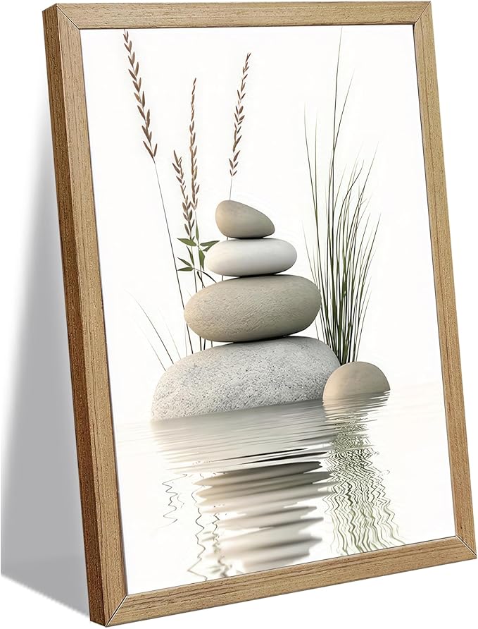 Wooden Frame Zen Stone Canvas Wall Art, Stacked Stones in Water Poster Print. by KBIERQN