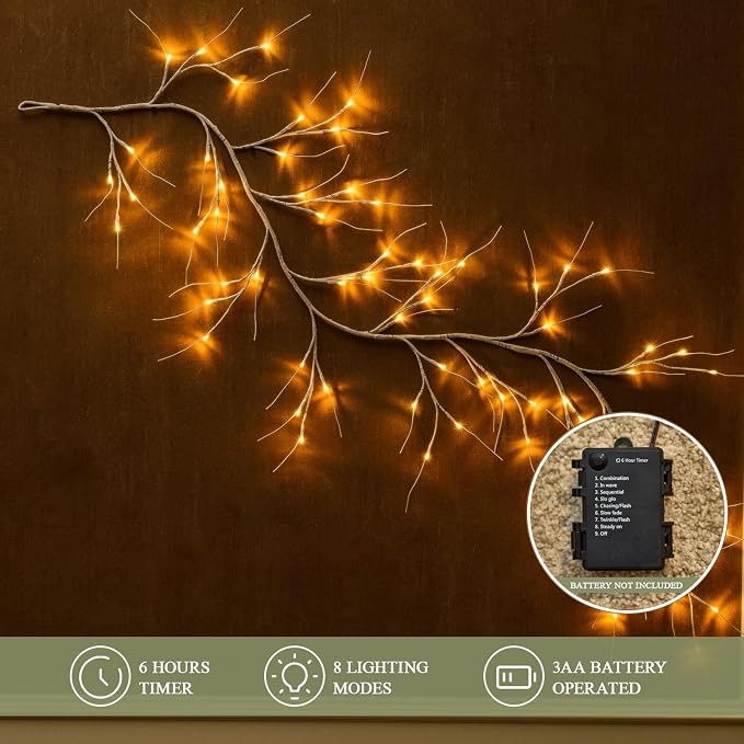 White Birch Garland with Lights 6ft 72LED, Battery Operated Twig Vine with Timer - Image 2