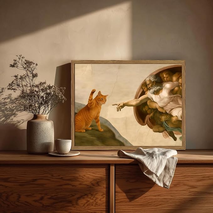 Funny Orange Cat Wall Art Creation of Adam and Cat Wall Decor Painting - Image 2