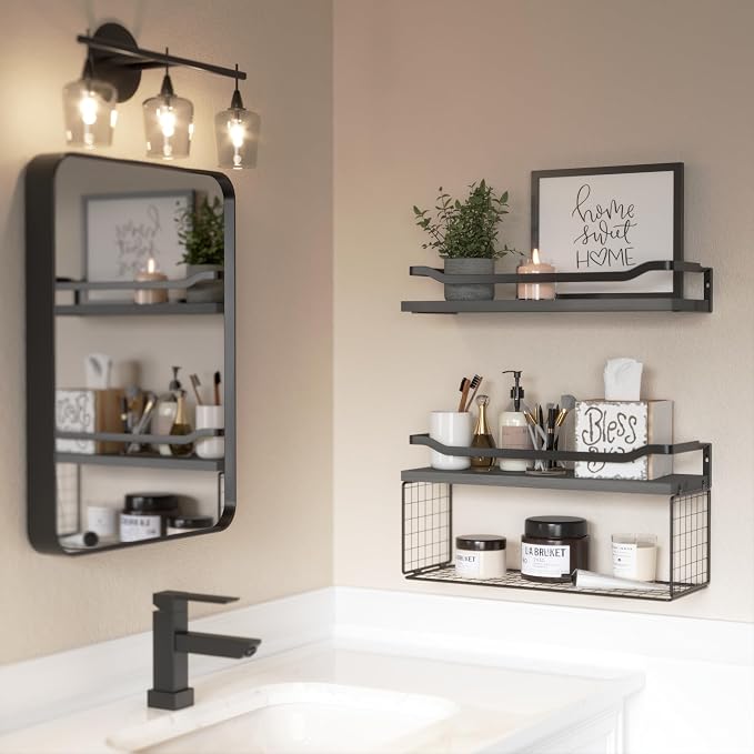 WOPITUES Floating Shelves with Wire Storage Basket, Bathroom Shelves Over - Image 5