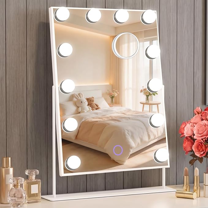 Hollywood Vanity Mirror with Lights 14" x 19", 10x Magnifying, 12 LED Bulbs by Amifiy