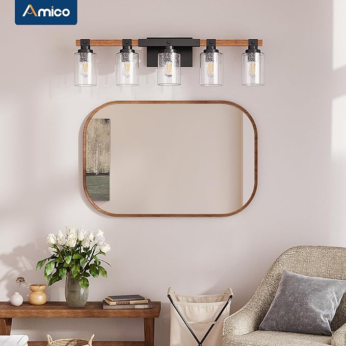 Amico Farmhouse Vanity Light Fixtures, Rustic 5-Light Industrial Painted Wood - Image 7