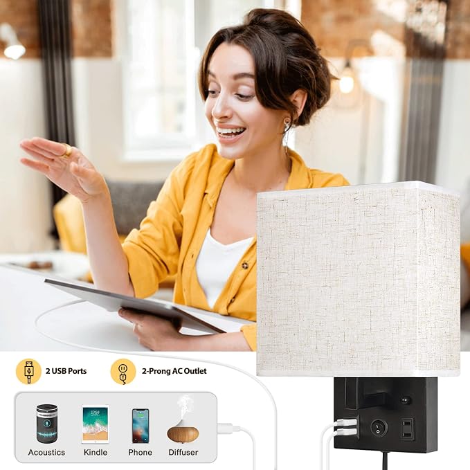CADUKE Bedside Wall Lamp Set of 2, Plug in Wall Sconce - Image 2