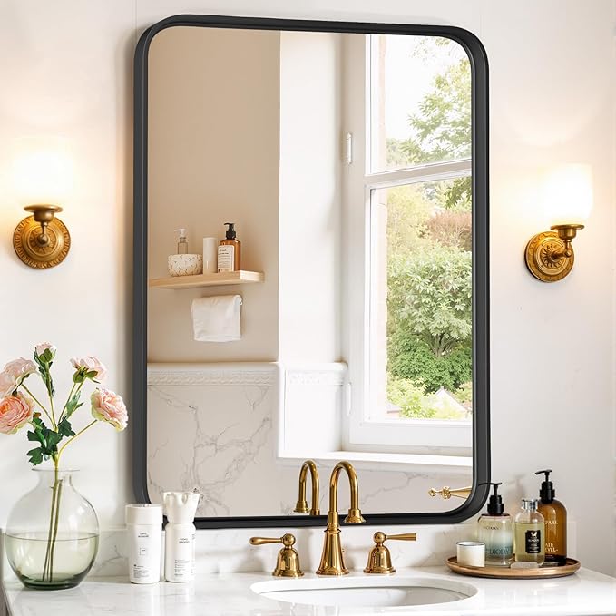 Bathroom Mirror 36x24 Inch Black Metal Frame Rectangle Vanity Mirror by SageNest