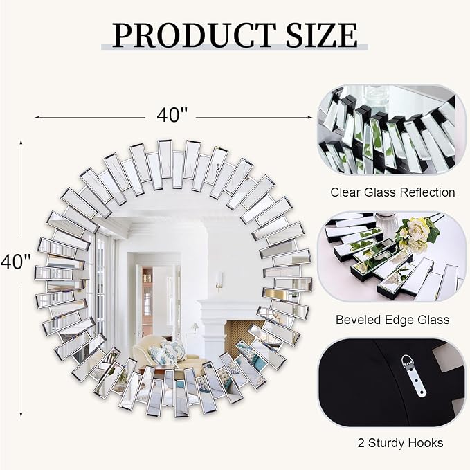 Chende 40'' Large Round Mirror, Modern 3D Decoratiave Wall Mirror - Image 6