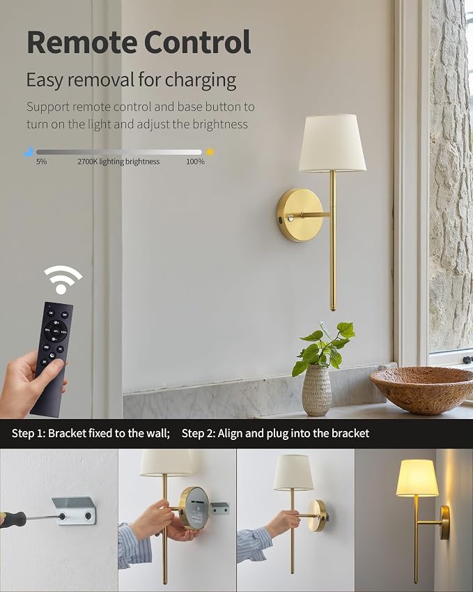 Gold Wall Sconces Set of Two, Small Rechargeable Battery Operated Wall Lamp - Image 4