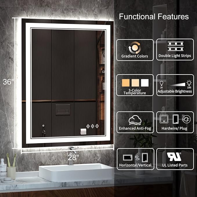 LED Mirror, 28x36 Inch Gradient Front and Backlight Lighted Mirror, 3 Colors - Image 2