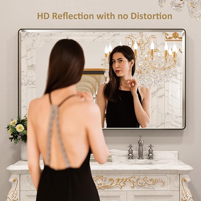 LOAAO 60X30 Inch Brushed Nickel Bathroom Mirror, Rounded Rectangle Silver Metal - Image 2