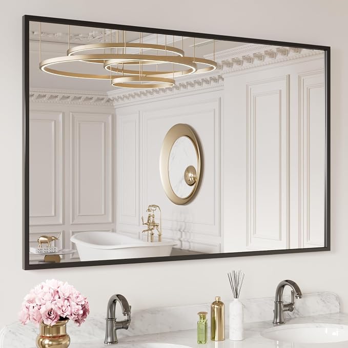 LOAAO 50"X30" Black Rectangle Bathroom Mirror Wall, Matte Black Aluminum Alloy by LOAAO