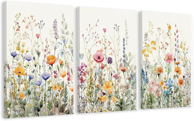 WRFON Wildflower Canvas Wall Art Set of 3, Unframed Botanical Floral Watercolor by Unknown