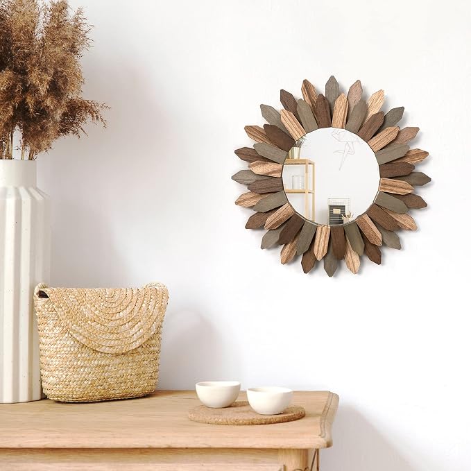Honiway Boho Wall Decor Mirror 2 Pack 12 inch Rustic Wood Decorative Mirror - Image 9