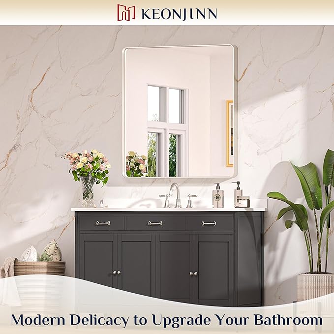 Keonjinn 32 x 36 Inch Brushed Nickel Bathroom Mirrors - Image 2