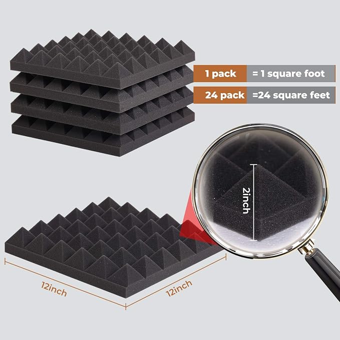 24 Pack-12 x 12 x 2 Inches Pyramid Designed Acoustic Foam Panels, Sound Proof - Image 4