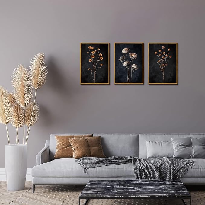 KISSFOX 3 Piece Moody Dried Flower Canvas Wall Art - Image 4