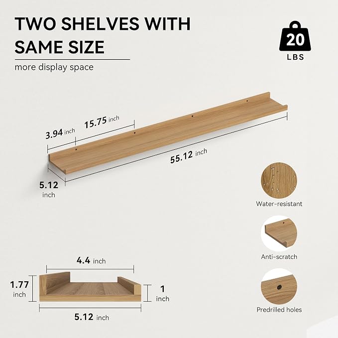 Boswillon 55.1 Inches Long Floating Shelves, 2 Set Rustic Wall Shelf - Image 3