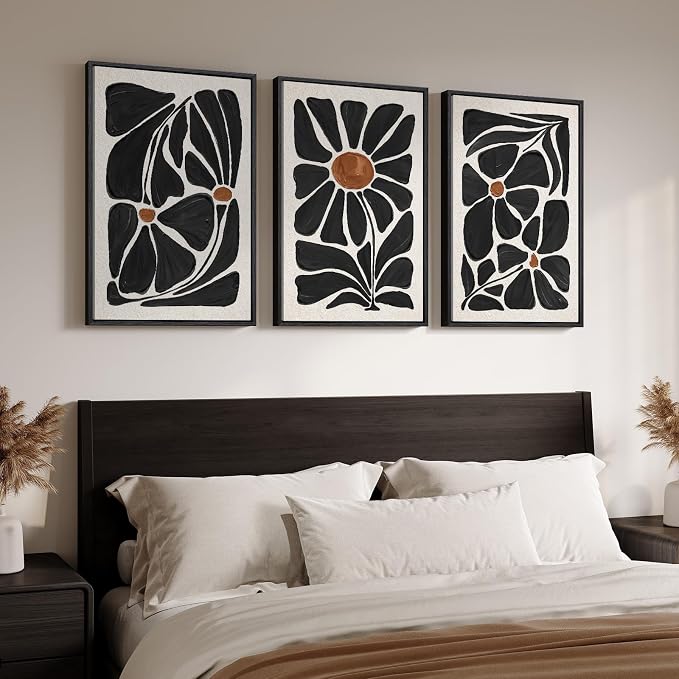 Large Framed Black and White Boho Floral Wall Art, 3 Piece Vintage Botanical - Image 8