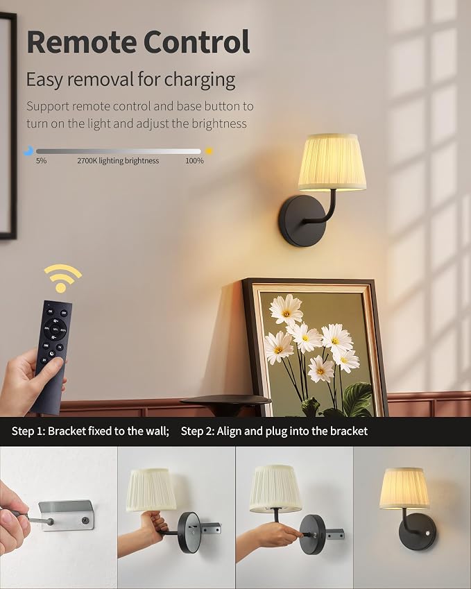 PUSU LED Cordless Black H9.6 inch Small Wall Sconces Set of 2, Rechargeable - Image 4