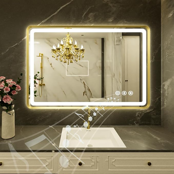 24''x36'' Gold Framed LED Bathroom Mirror by Unknown