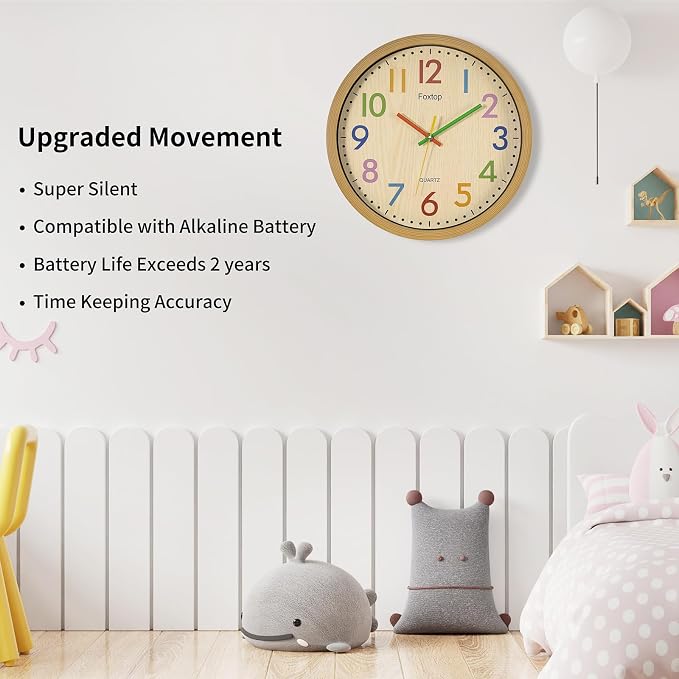 Foxtop Silent Kids Wall Clock 12 Inch Non-Ticking Battery Operated Colorful - Image 3