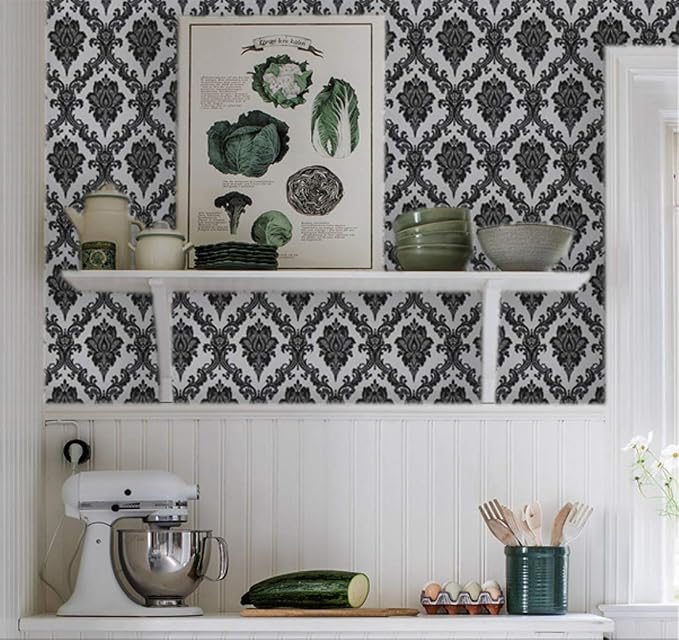 17.7" x 394" Black Peel and Stick Wallpaper Black Vintage Wall Paper - Image 4