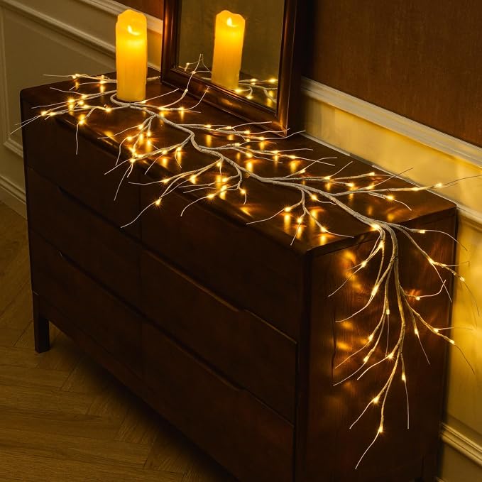 White Birch Garland with Lights 6ft 72LED, Battery Operated Twig Vine with Timer by CAMANTU