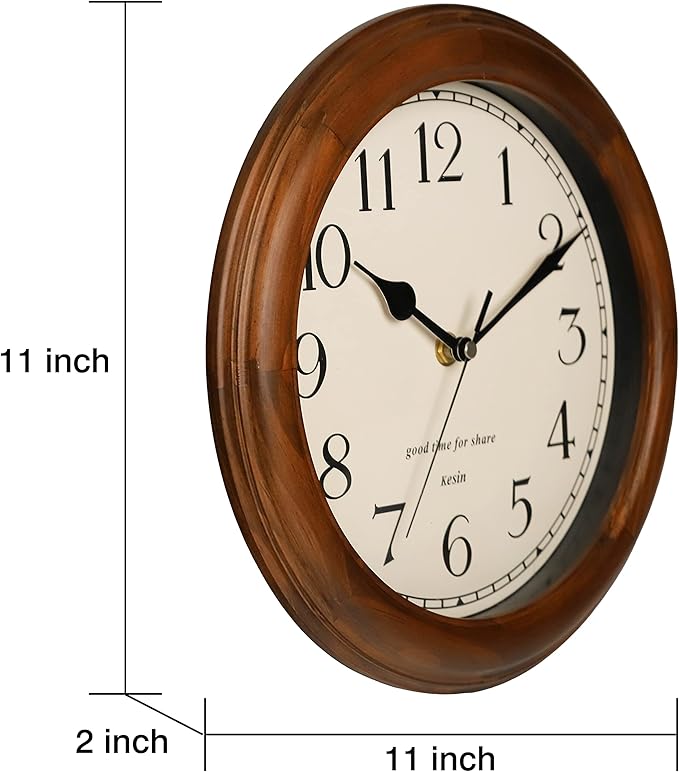 Wooden Wall Clock with Retro Design, 11 Inches Round Wall Clocks Battery - Image 6