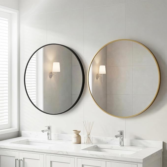 OLIXIS 28 Inch Black Round Bathroom Wall Mirror, Round Bathroom Mirrors - Image 2